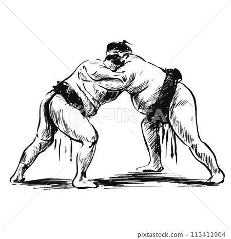 Drawing of Sumo Wrestlers Facing Off Drawing of Sumo Wrestlers Facing Off 113411904