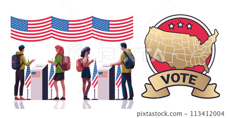 election day concept mix race voters casting ballots at polling place during voting people holding paper ballots horizontal 113412004