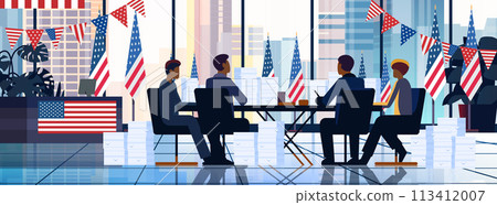election day concept observers team counting results at round table modern office interior with USA flags horizontal 113412007