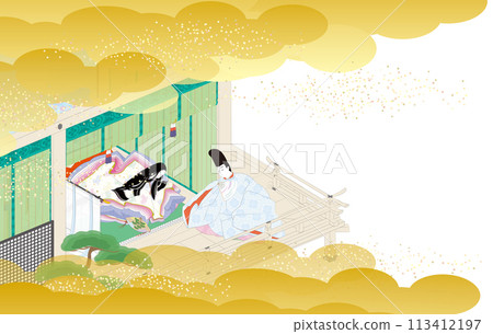 露天攤位風格的圖像插圖，一個穿著長袍的女人和一個穿著正裝的男人相遇。 113412197