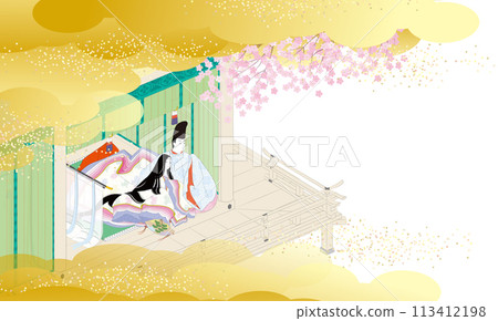 Illustration of a woman in a kimono and a man in a formal attire looking at cherry blossoms 113412198