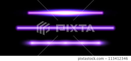 Purple neon tube lamp set. Glowing led light line beam collection. Violet luminous fluorescent bar stick lines. Ultraviolet color strip element pack to divide, separate, decorate. Vector illustration 113412346