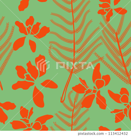 Floral vector seamless pattern background. Mimosa pudica leaves illustration textile design. Commonly found in the Southern United States.  113412432
