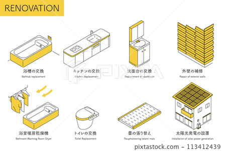 家庭裝修、系統浴室、系統廚房、太陽能發電等的簡單等距插圖。 113412439