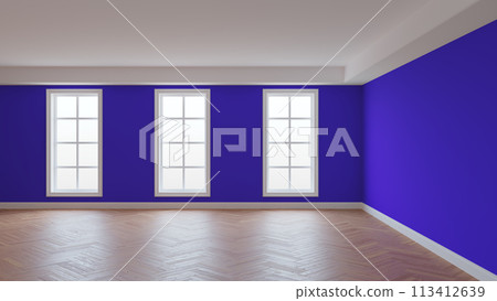 Interior with Violet Walls, White Ceiling and Cornice, Three Large Windows Interior with Violet Walls, White Ceiling and Cornice, Three Large Windows 113412639