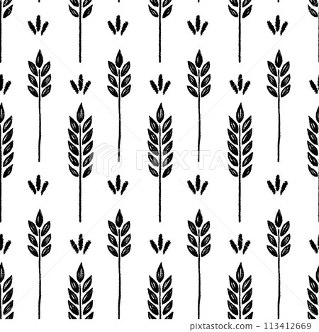 Wheat brush texture seamless pattern background. Hand drawn crayon brush abstract floral wheat seamless pattern. Floral abstract grunge hand drawn print background. Vector 113412669