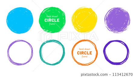 Scribble circle round vector frame. Hand drawn rough scribble effect line. Children color crayon brush stroke frame. Scribble hand drawn grunge doodle color circle set. Vector 113412670