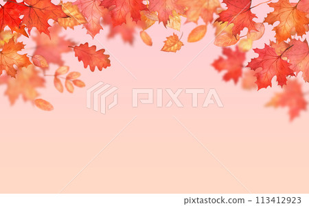 Autumn falling leaves on pink background. Autumnal foliage fall and orange maple leaves flying in wind motion blur. Copy space Autumn falling leaves on pink background. Autumnal foliage fall and orange maple leaves flying in wind motion blur. Copy space 113412923