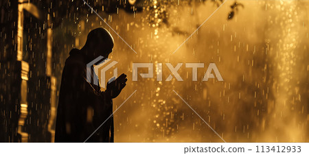 A monk stands calmly in the rain, his robes glistening with droplets. The rain falls gently around him, creating a serene and peaceful atmosphere. Generative AI. A monk stands calmly in the rain, his robes glistening with droplets. The rain falls gently around him, creating a serene and peaceful atmosphere. Generative AI. 113412933