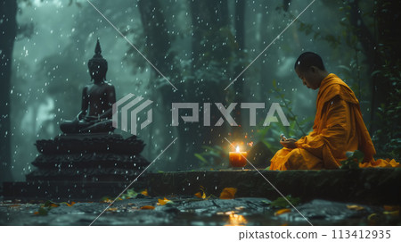A monk meditates calmly in the rain, his robes glistening with droplets. The rain falls gently around him, creating a serene and peaceful atmosphere. Generative AI. A monk meditates calmly in the rain, his robes glistening with droplets. The rain falls gently around him, creating a serene and peaceful atmosphere. Generative AI. 113412935