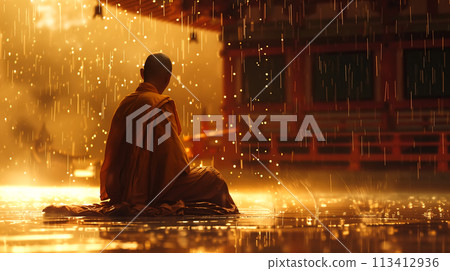 A monk meditates calmly in the rain, his robes glistening with droplets. The rain falls gently around him, creating a serene and peaceful atmosphere. Generative AI. A monk meditates calmly in the rain, his robes glistening with droplets. The rain falls gently around him, creating a serene and peaceful atmosphere. Generative AI. 113412936
