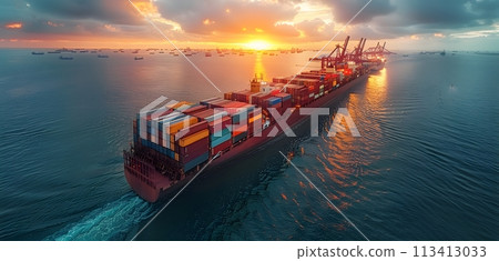Illustration of large vehicles transporting at sunrise or sunset in warm tone. It conveys peace, warmth and good memories. It may refer to a vehicle that transports goods or raw materials safely. 113413033