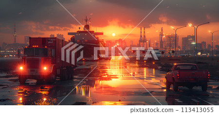 Illustration of large vehicles transporting at sunrise or sunset in warm tone. It conveys peace, warmth and good memories. It may refer to a vehicle that transports goods or raw materials safely. Illustration of large vehicles transporting at sunrise or sunset in warm tone. It conveys peace, warmth and good memories. It may refer to a vehicle that transports goods or raw materials safely. 113413055