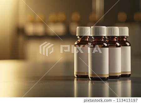 Medical pharmacy theme: empty clean bottles, containers, vials for advertising, presentation banners with copy space, showcasing pharmaceutical products mockup . 113413197