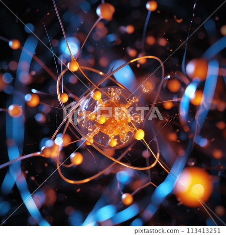 Atomic dance: subatomic realm, electrons, neutrons, and protons orbit a fixed nucleus in a model empty space within atoms, showcasing set, predictable paths in the intricate world of particle physics 113413251