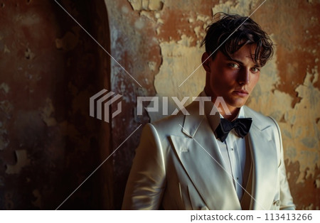 Timeless elegance: men in tuxedos showcase refined style, sophistication, and classic charm, embodying the epitome of formal fashion for special events, celebrations, and black-tie occasions. 113413266