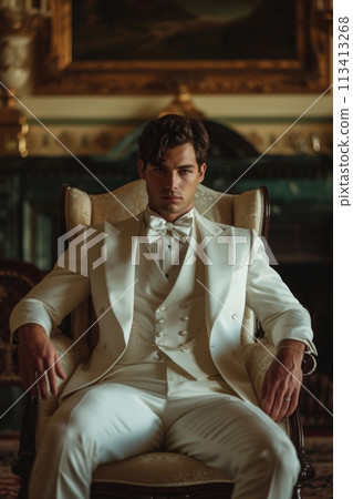 Timeless elegance: men in tuxedos showcase refined style, sophistication, and classic charm, embodying the epitome of formal fashion for special events, celebrations, and black-tie occasions. 113413268
