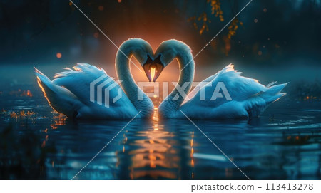 Serene embrace: two swans in love, a graceful display of adoration and unity in the swanst's affectionate bond, a symbol of tranquility and everlasting companionship in the natural world. Serene embrace: two swans in love, a graceful display of adoration and unity in the swanst's affectionate bond, a symbol of tranquility and everlasting companionship in the natural world. 113413278