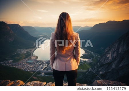 Triumphant success: in sports, in competition, in personal goals, victory celebration and business achievement, triumphant moment of success and accomplishment in corporate endeavors 113413279