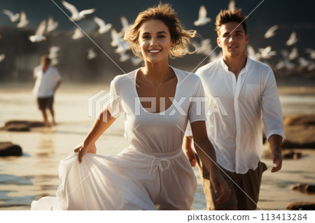 Capturing love on the beach: a beautiful couple shares intimate moments by the sea, surrounded by seagulls, enjoying the serenity, romance, and breathtaking scenery of their coastal paradise getaway. 113413284