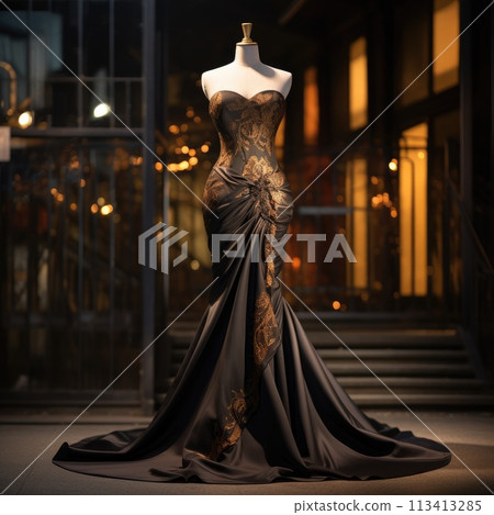 Elegance unveiled: a captivating display of a beautiful, luxurious evening gown gracefully adorning a mannequin, epitomizing timeless style and opulence for a glamorous and chic affair Elegance unveiled: a captivating display of a beautiful, luxurious evening gown gracefully adorning a mannequin, epitomizing timeless style and opulence for a glamorous and chic affair 113413285