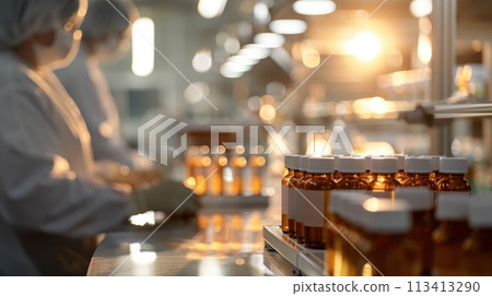 Medical pharmacy theme: empty clean bottles, containers, vials for advertising, presentation banners with copy space, showcasing pharmaceutical products mockup . 113413290