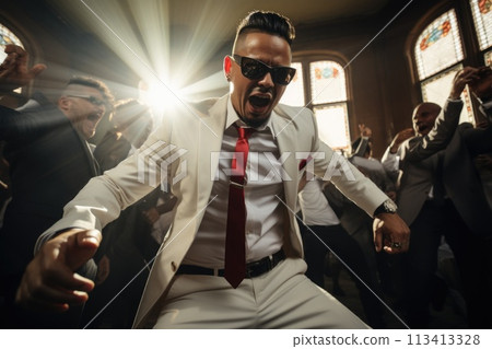 Energetic party vibes, dynamic celebration with music, dance, and joyous moments, essence of lively gatherings and memorable festivities for all to enjoy and cherish corporate event 113413328