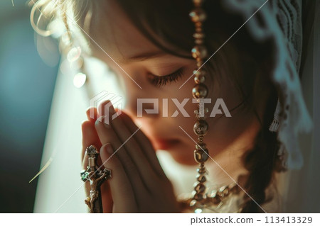 First communion joy: heartwarming moments of young believers in white dresses, celebrating this sacred Christian sacrament with faith, purity, spirit of spiritual growth in memorable church ceremony. 113413329