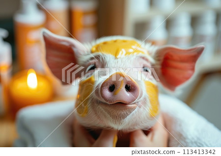 Adorable spa pig: cute and pampered pig enjoying relaxing spa treatments, a charming and delightful scene of animal wellness and indulgence, perfect for showcasing relaxation and cuteness Adorable spa pig: cute and pampered pig enjoying relaxing spa treatments, a charming and delightful scene of animal wellness and indulgence, perfect for showcasing relaxation and cuteness 113413342