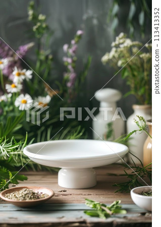 Herbal medicine stand mockup: empty podium on table for supplements, alternative medicine, homeopathy, herbal treatment, natural products, with banner and copy space for advertising and promotion. 113413352