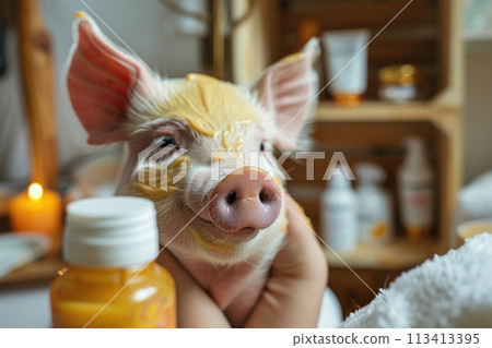 Adorable spa pig: cute and pampered pig enjoying relaxing spa treatments, a charming and delightful scene of animal wellness and indulgence, perfect for showcasing relaxation and cuteness 113413395