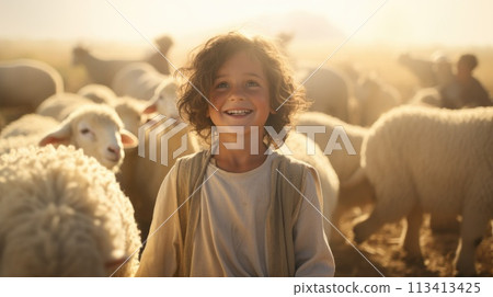 Capturing serenity: a tender portrayal of the little child Jesus Christ herding sheep, an endearing and symbolic scene embodying innocence, faith, and the pastoral charm of the biblical narrative Capturing serenity: a tender portrayal of the little child Jesus Christ herding sheep, an endearing and symbolic scene embodying innocence, faith, and the pastoral charm of the biblical narrative 113413425