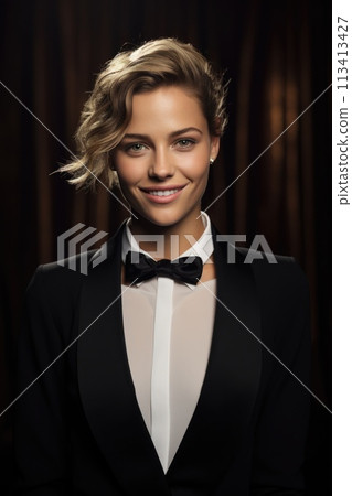 Elegance beautiful woman in business suit, tuxedo for wedding, blending professionalism with timeless bridal chic, embodying grace, style, sophistication for stunning celebration or meeting Elegance beautiful woman in business suit, tuxedo for wedding, blending professionalism with timeless bridal chic, embodying grace, style, sophistication for stunning celebration or meeting 113413427