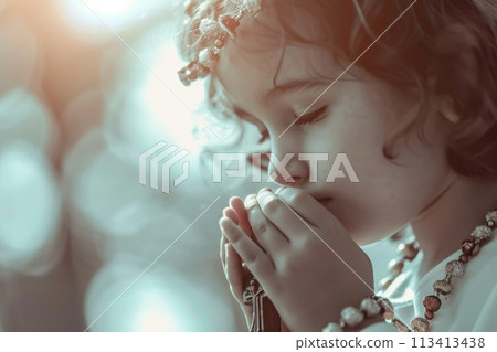 First communion joy: heartwarming moments of young believers in white dresses, celebrating this sacred Christian sacrament with faith, purity, spirit of spiritual growth in memorable church ceremony. 113413438