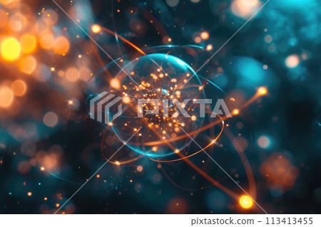 Atomic dance: subatomic realm, electrons, neutrons, and protons orbit a fixed nucleus in a model empty space within atoms, showcasing set, predictable paths in the intricate world of particle physics 113413455