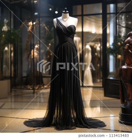 Elegance unveiled: a captivating display of a beautiful, luxurious evening gown gracefully adorning a mannequin, epitomizing timeless style and opulence for a glamorous and chic affair 113413483