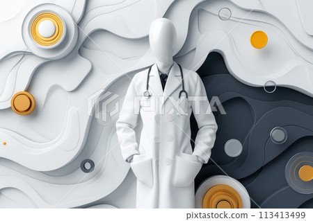 Logo medicine doctor, pharmacology treatment, family care hospital. Minimalistic banner copy space creative VIP promotion vitruvian man 113413499