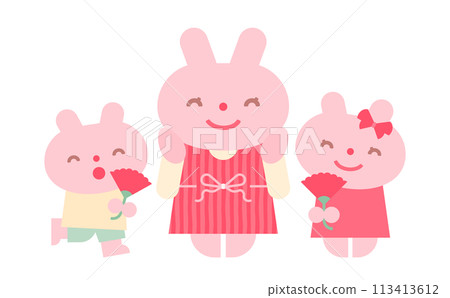 母親節的可愛兔子/動物插圖,透過贈送康乃馨與家人、父母和孩子慶祝 母親節的可愛兔子/動物插圖,透過贈送康乃馨與家人、父母和孩子慶祝 113413612