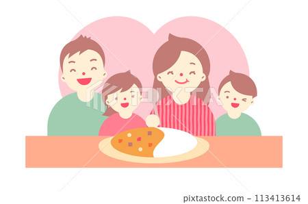 Cute illustration of smiling mothers, families, and parents and children with a gift of curry rice and food for Mother's Day Cute illustration of smiling mothers, families, and parents and children with a gift of curry rice and food for Mother's Day 113413614