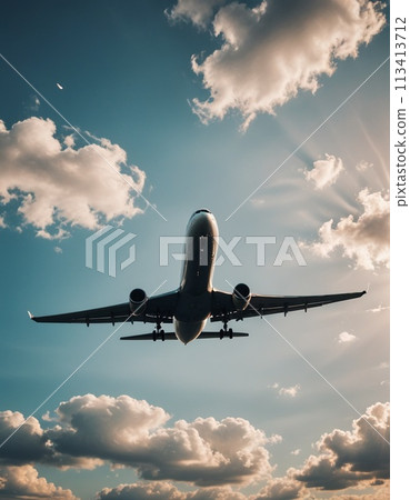 飛機漂浮在夕陽的天空 113413712