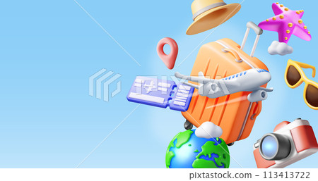 3d airline ticket, travel bag, globe and airplane. 113413722