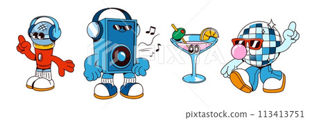 Retro music and disco party cartoon characters set 113413751