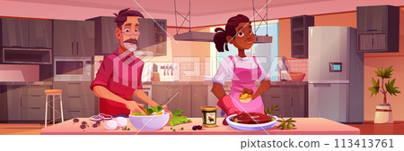 Man and woman cooking in kitchen 113413761