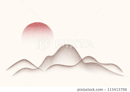 Dotted grainy gradient mountains and sun. Stipple vector effect with dust texture. Solar eclipse in desert. Night landscape with moon. Fade grunge background. Vintage retro design Dotted grainy gradient mountains and sun. Stipple vector effect with dust texture. Solar eclipse in desert. Night landscape with moon. Fade grunge background. Vintage retro design 113413798