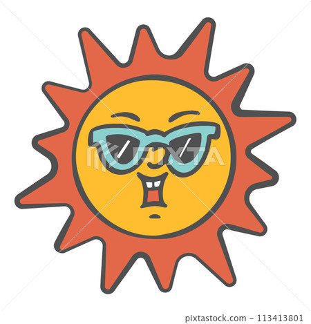 Retro cartoon sun face with glasses. Groovy sticker with smiling character. Cute summer design illustration. Funny 700s mascot isolated on white background. Vector trendy graphic. Retro cartoon sun face with glasses. Groovy sticker with smiling character. Cute summer design illustration. Funny 700s mascot isolated on white background. Vector trendy graphic. 113413801