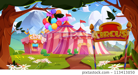 Circus tent and popcorn stall in park Circus tent and popcorn stall in park 113413850