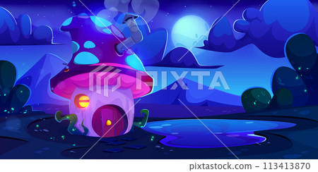 Cute fairy house with door landscape at night Cute fairy house with door landscape at night 113413870