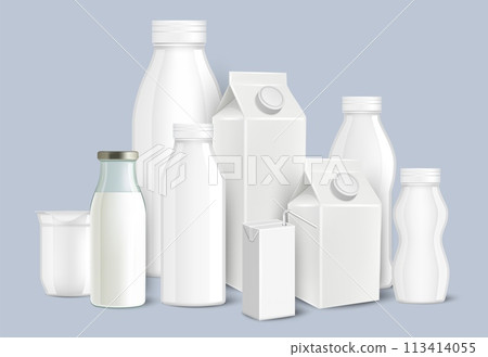 Milk cardboard package, glass or plastic bottles realistic mockup set Milk cardboard package, glass or plastic bottles realistic mockup set 113414055
