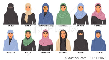 Female hijabs of different types set vector illustration 113414078