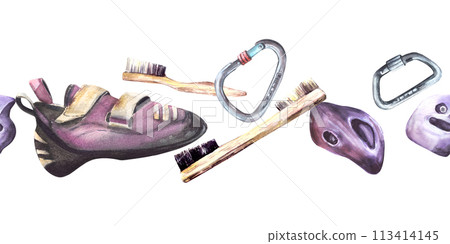 Climb shoes with metal carabiners, magnesium brush and stones, grips. Watercolor bouldering, climbing equipment. Sport hand painted illustration Clipart for package printing. Isolated white background Climb shoes with metal carabiners, magnesium brush and stones, grips. Watercolor bouldering, climbing equipment. Sport hand painted illustration Clipart for package printing. Isolated white background 113414145